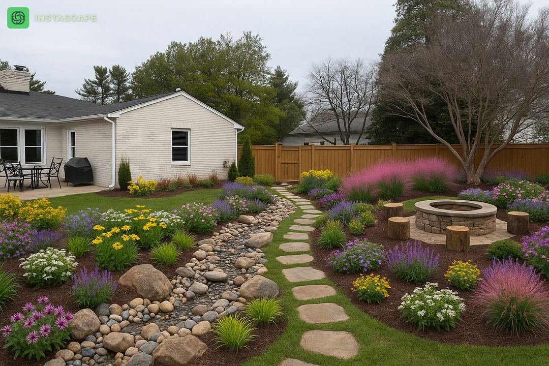 Rain Garden and Dry Creek Design by Instascape delivered by ServeScape