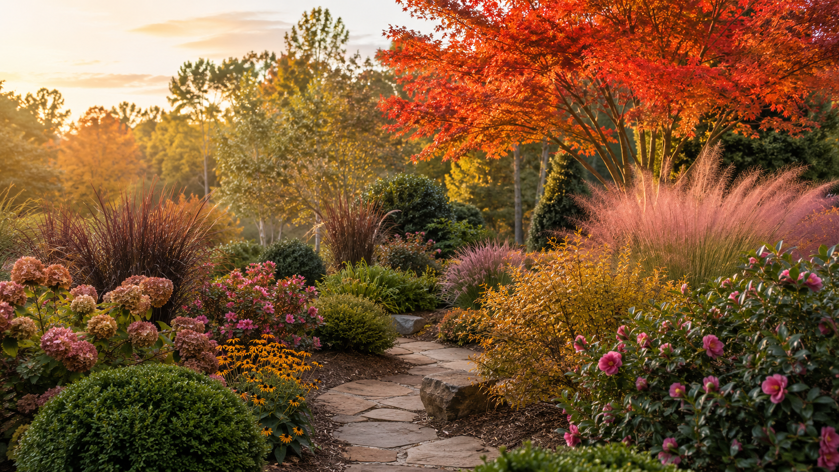 A richly planted Southern garden in autumn with red maple foliage, pink muhly grass, flowering shrubs, and a natural stone path